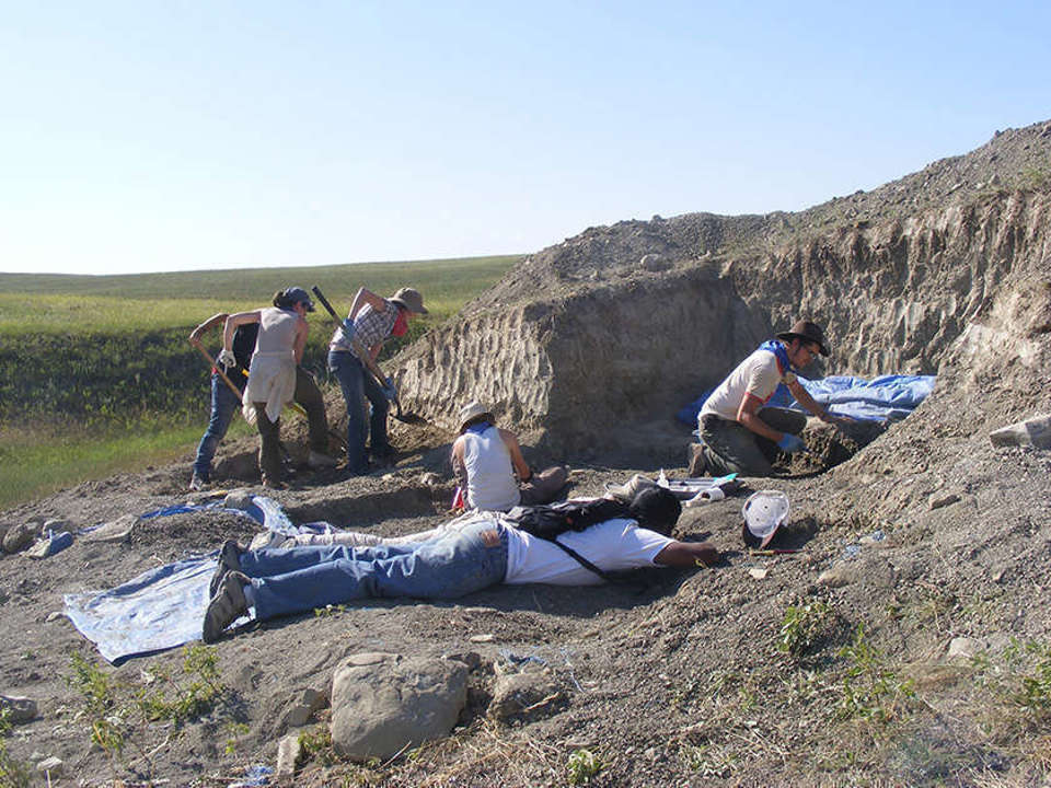 a group of people conducting fieldwork near a small rise in the rock, some digging and others sitting on the ground.