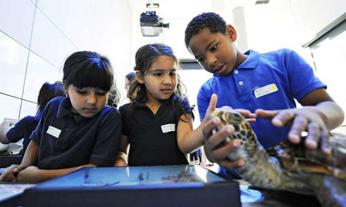 Children play with a whirlpool at the museum