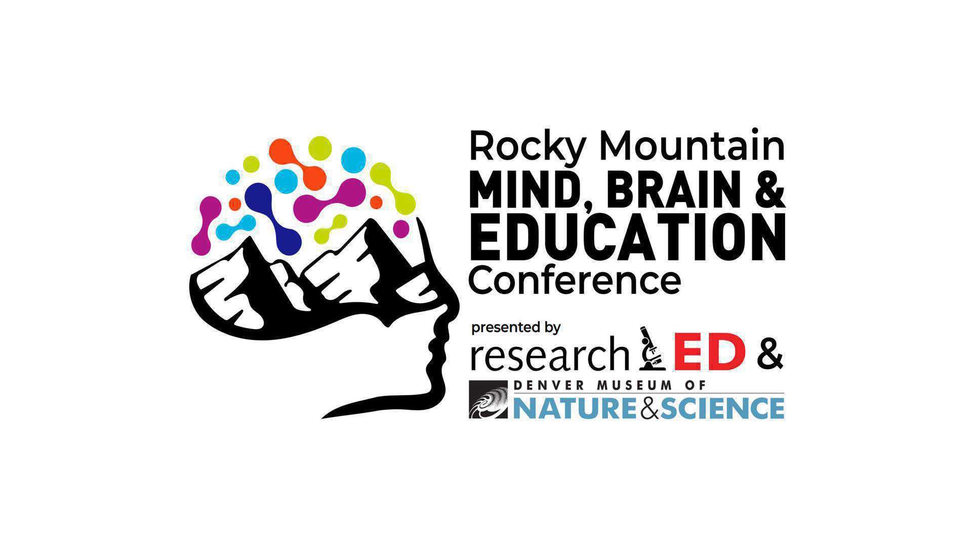 Rocky Mountain Mind, Brain and Education Conference logo - black face outline with mountains and colorful cranium
