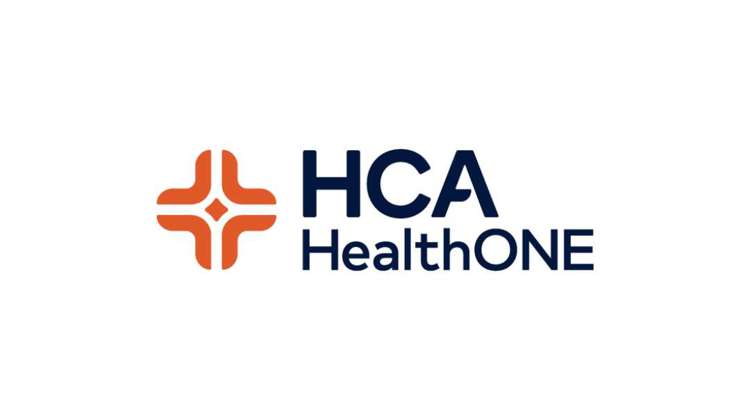 Orange and white cross icon next to text reading HCA HealthONE