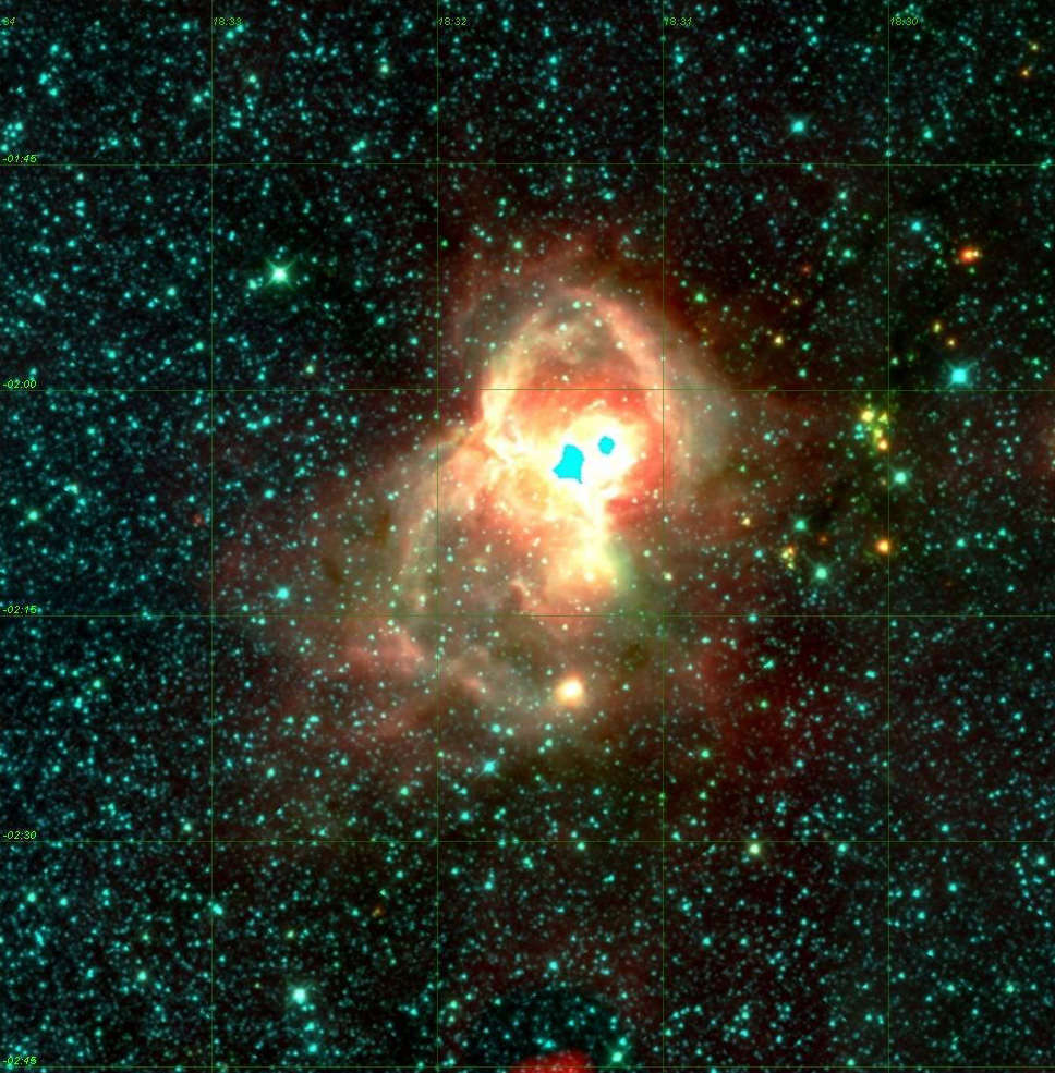 Image from space of the aquila rift, showing a bright cloud in a black abyss with bright dots all around