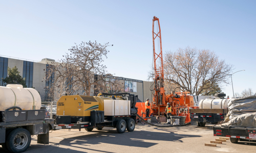 Shown here is the truck-mounted rotary coring rig that extracted the core from beneath the Museum parking lot.