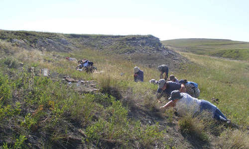 a wide shot of a hilly remote area with a group of people working on the side of a steep hill doing fieldwork