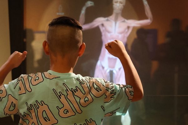 A teen flexes their muscles in front of a machine with a human form on it