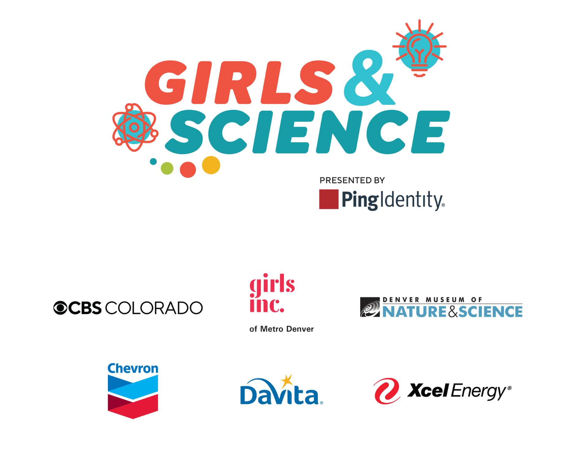 Logos of Girls & Science Sponsors including Ping Identity, CBS Colorado, Denver Museum of Nature & Science, Chevron, Davita, and Xcel Energy