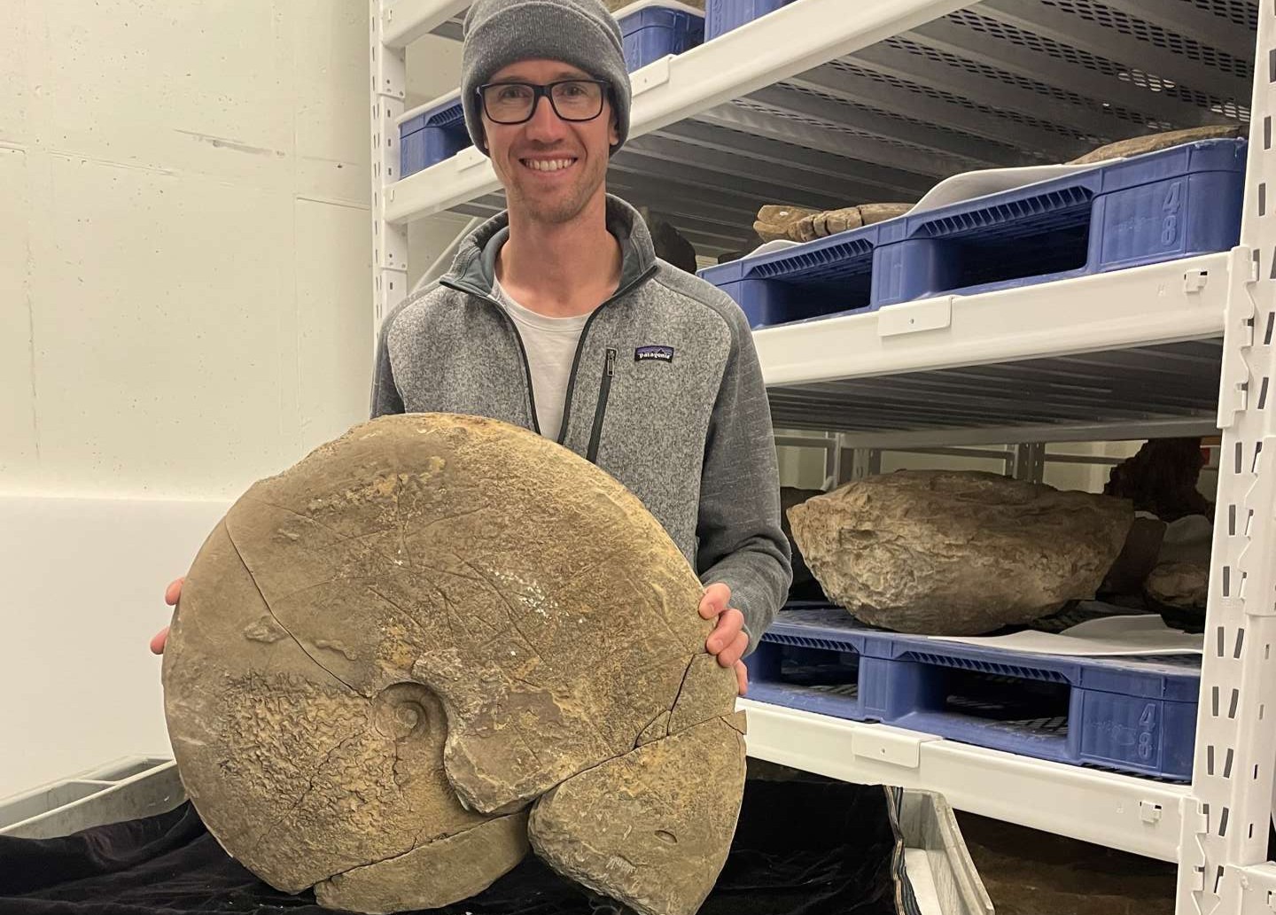 Jake Wilson, the newest member of the Denver Museum of Nature & Science’s Earth Sciences Department shows off an ammonite fossil specimen in the collection. The 73-million-year-old Placenticeras costatum fossil (EPI.16889) was collected by Kirk Johnson in 1998 from the Kremmling Ammonite Locality in Grand County, Colo. (Photo/ Gussie Mccracken)