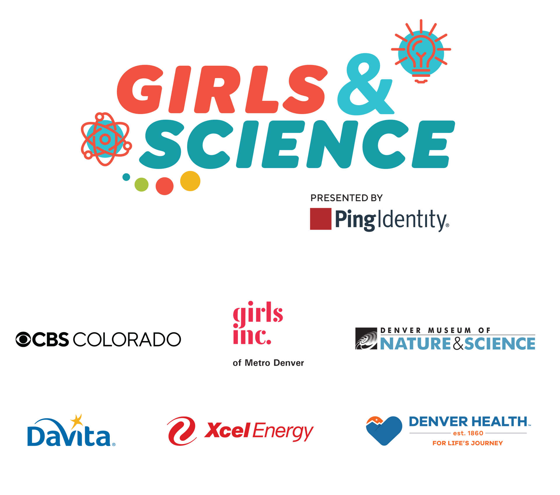 Girls & Science sponsor logos (Girls & Science Logo above, CBS Colorado, Girls Inc of Metro Denver, and DMNS. Below, DaVita, Xcel Energy, and Denver Health)