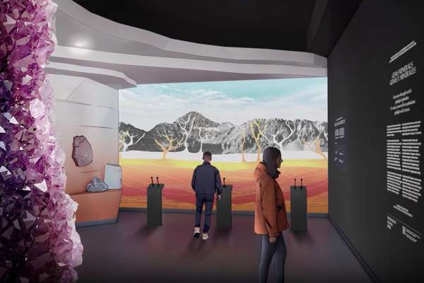 A rendering of the new Gems and Minerals Hall with people looking at collections