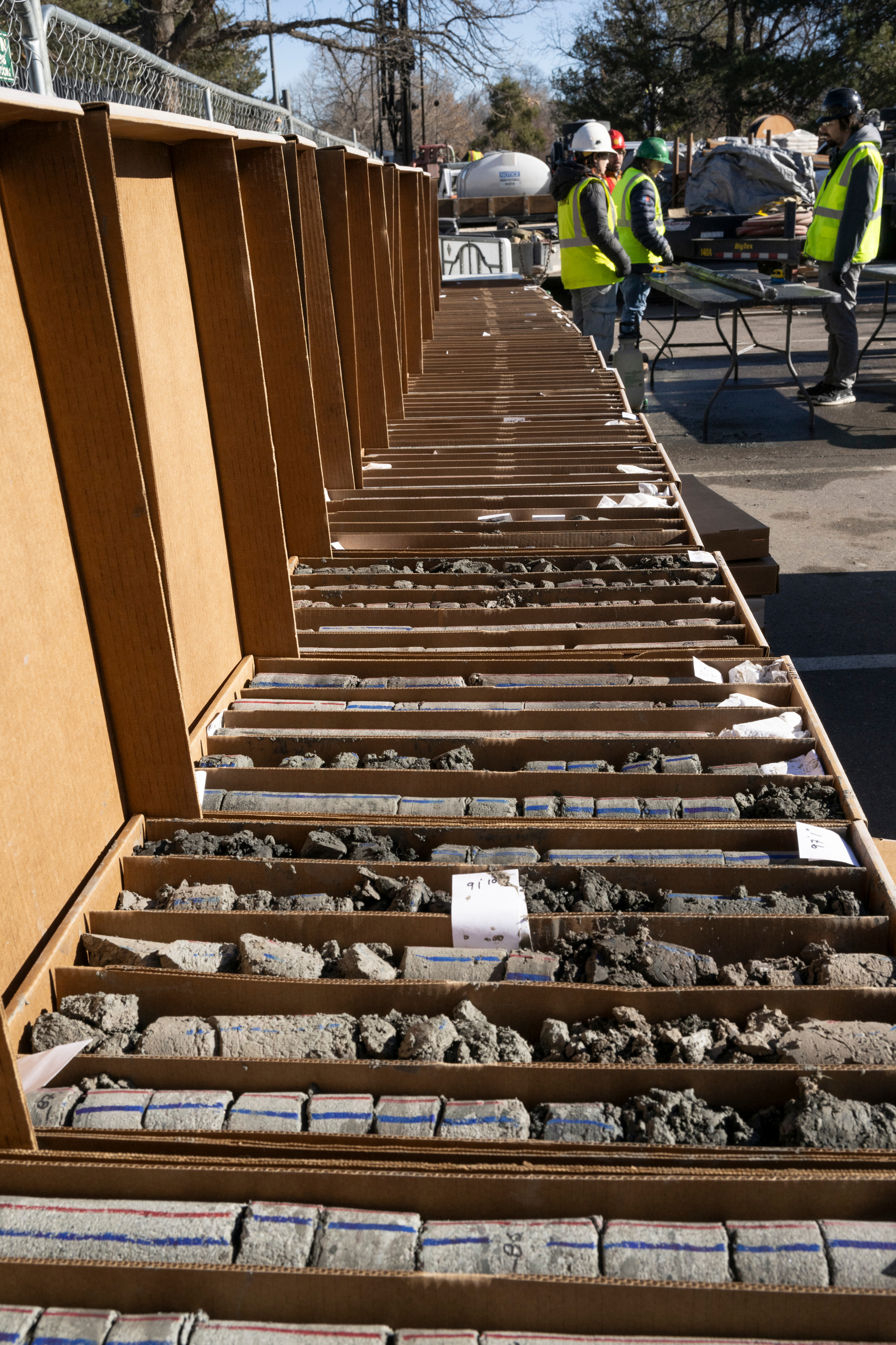 Rock samples from beneath the parking lot at the Denver Museum of Nature & Science that were collected via a core drilling rig.