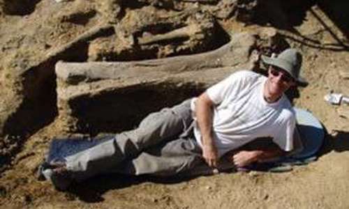 A man lays down on the ground in front of a sauropod femur. 