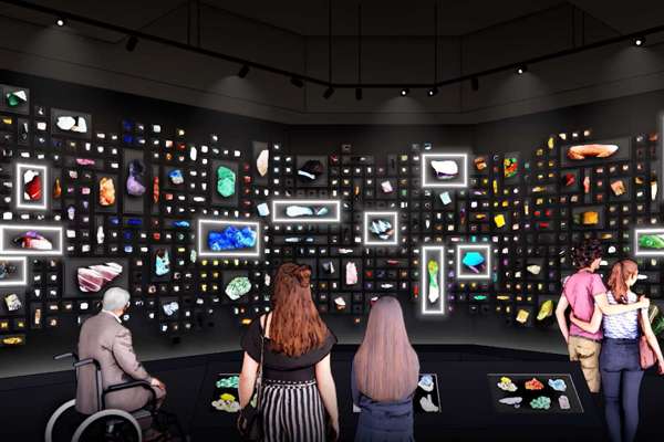 A rendering of the new Gems and Minerals Hall with a large crystal in the forefront andpeople looking at collections