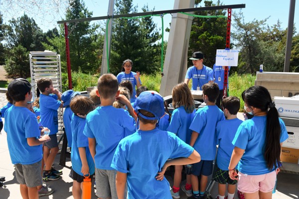  Summer Camp Kids And Educators in blue shirts outside the museum on a sunny day.