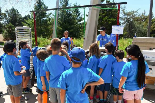 Summer Camp Kids And Educators in blue shirts outside the museum on a sunny day.
